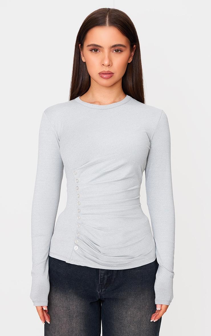 Petite Grey Marl Long Sleeve Button Detail Top product image