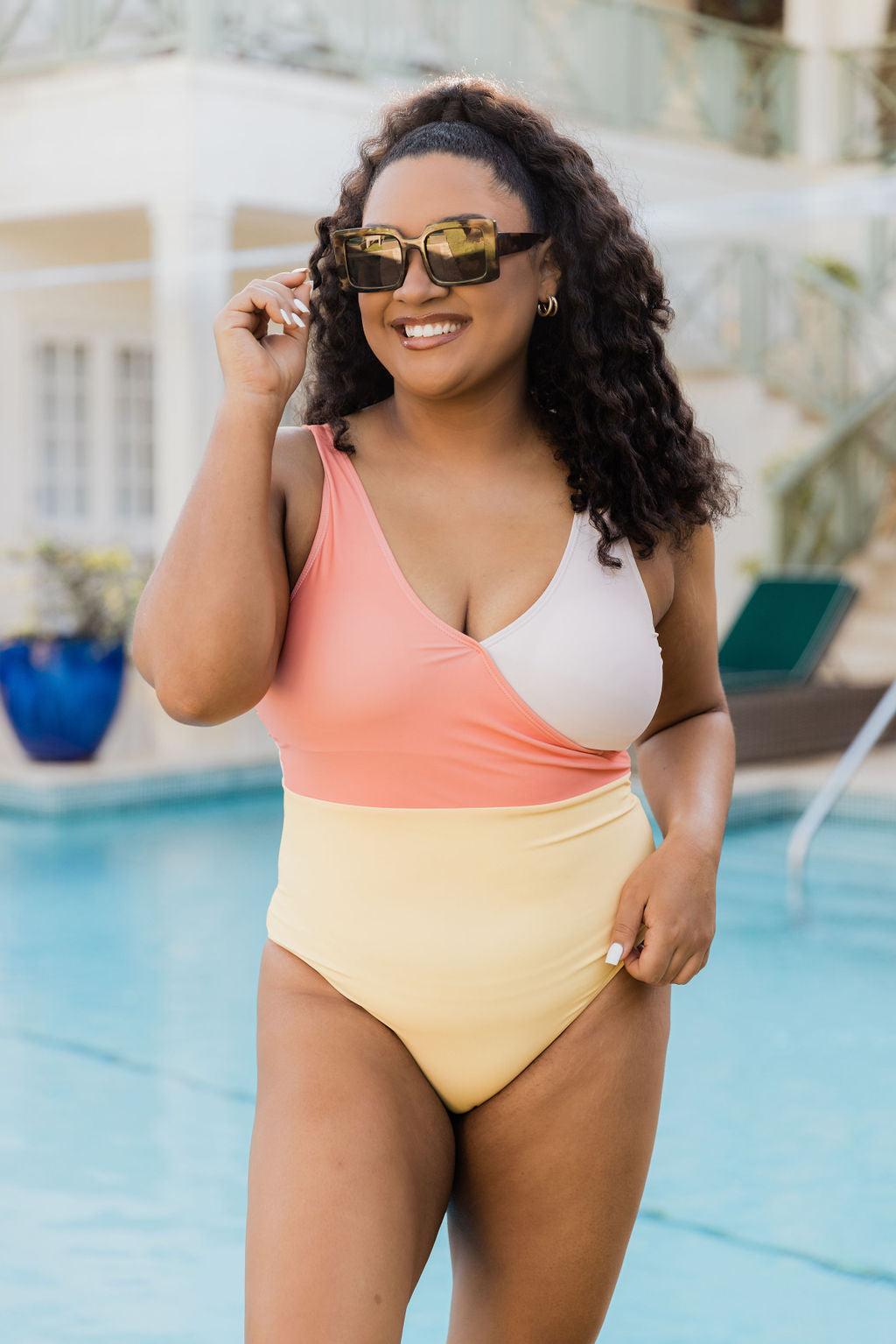 On Pool Time Yellow/Orange Color Block One Piece Swimsuit FINAL SALE Product Image