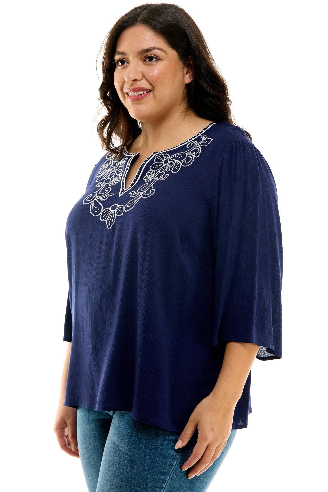 Roz & Ali 3/4 Sleeve Embroidered Top - Plus Female Product Image