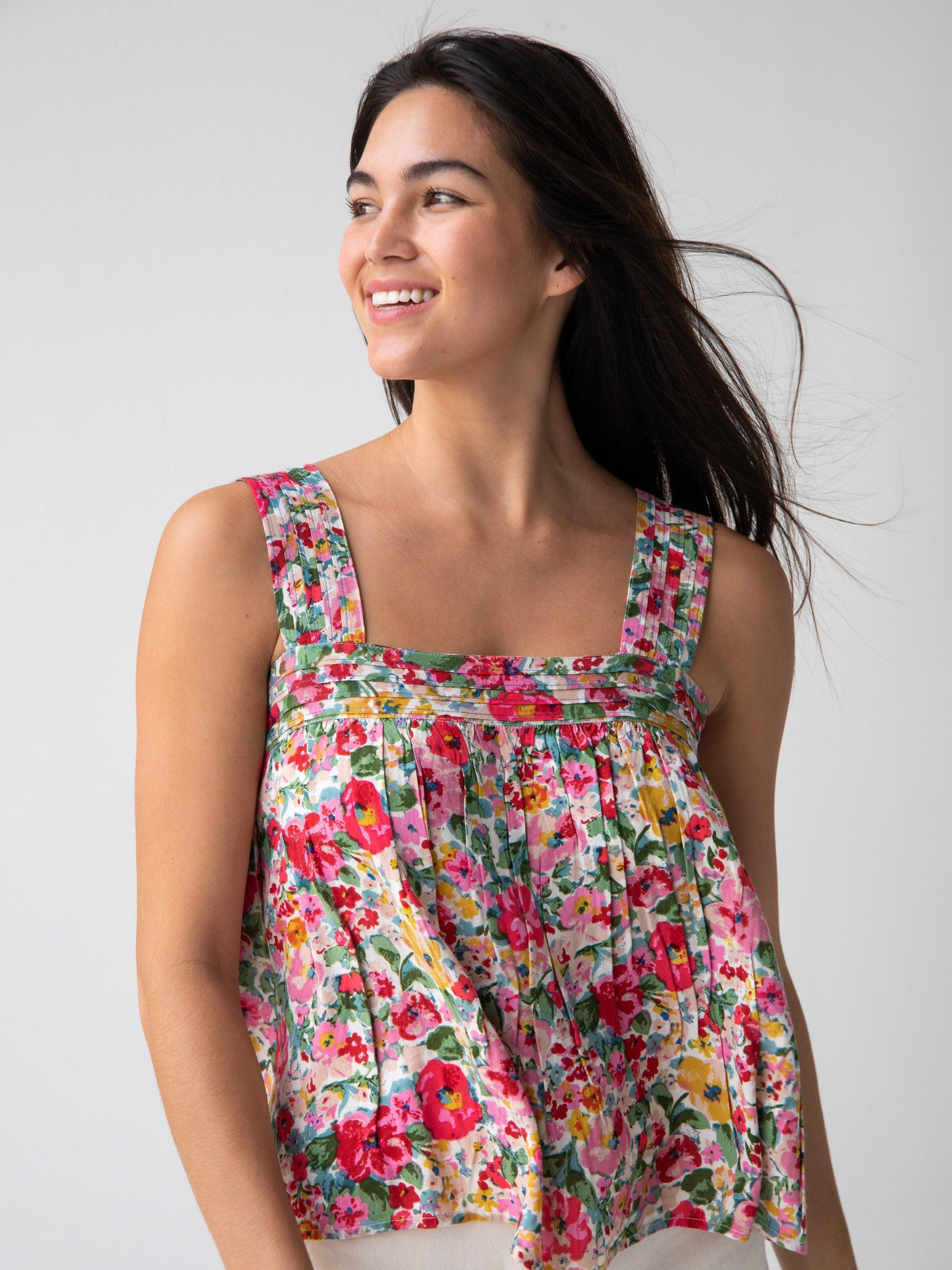 Kate Pleated Tank Top - Bright Pink Floral Product Image