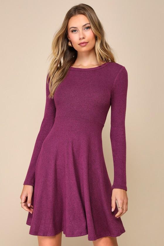 Fit and Fair Mauve Purple Ribbed Knit Long Sleeve Skater Dress Product Image