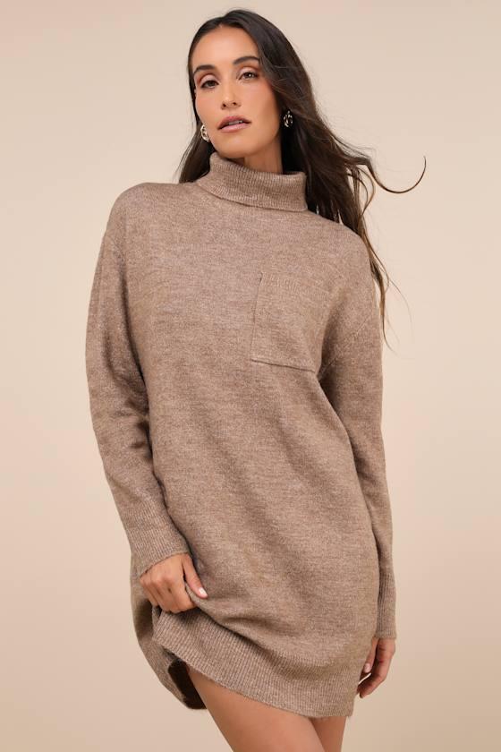 Positively Charming Heather Brown Turtleneck Mini Sweater Dress Product Image