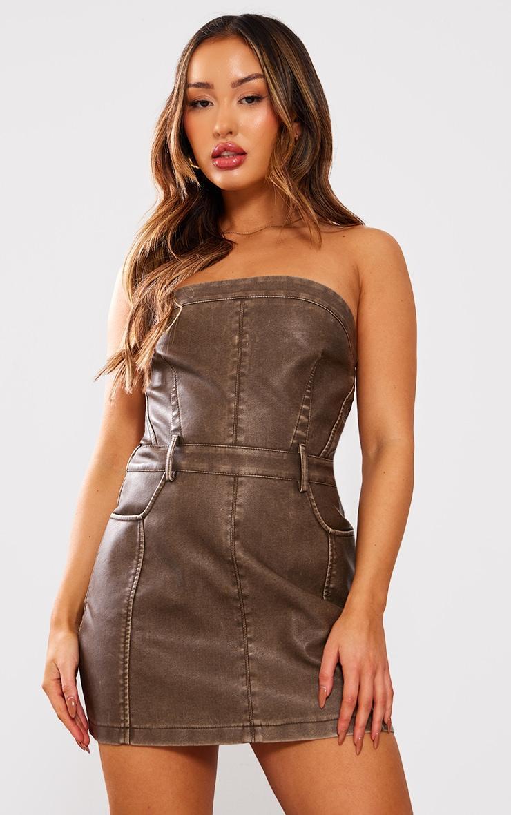 Petite Brown Washed Faux Leather Mini Dress Product Image