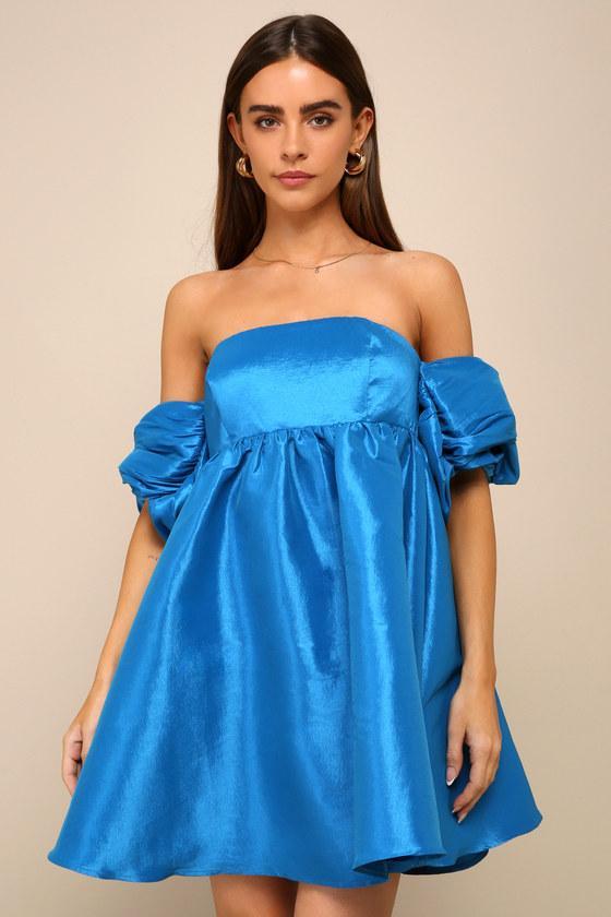 Sweet Vision Blue Taffeta Off-the-Shoulder Babydoll Mini Dress product image