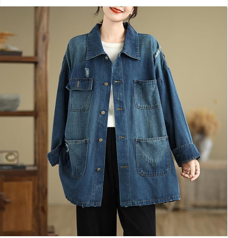 Distressed Washed Denim Single-Breasted Jacket Product Image