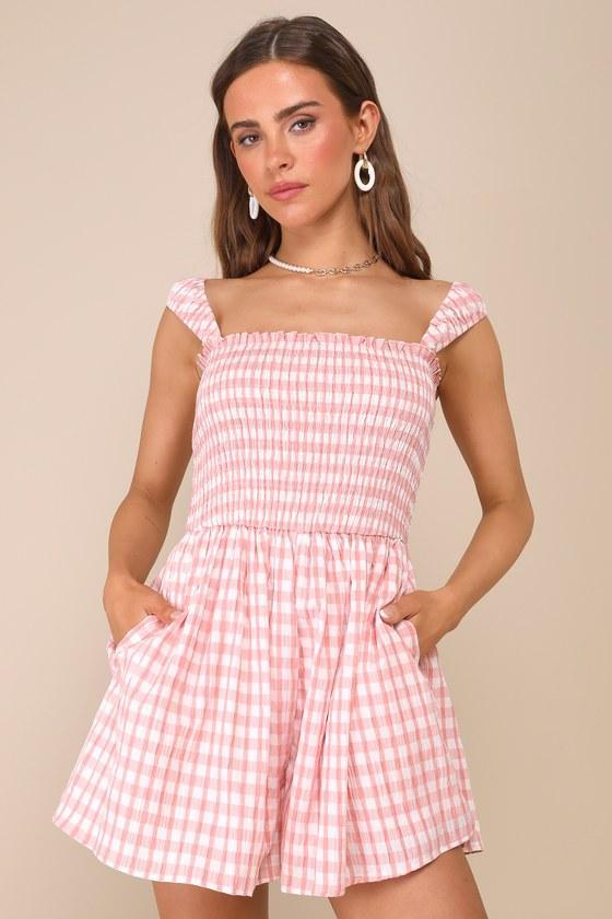 Adorable Girly Ivory and Pink Gingham Smocked Sleeveless Romper Product Image