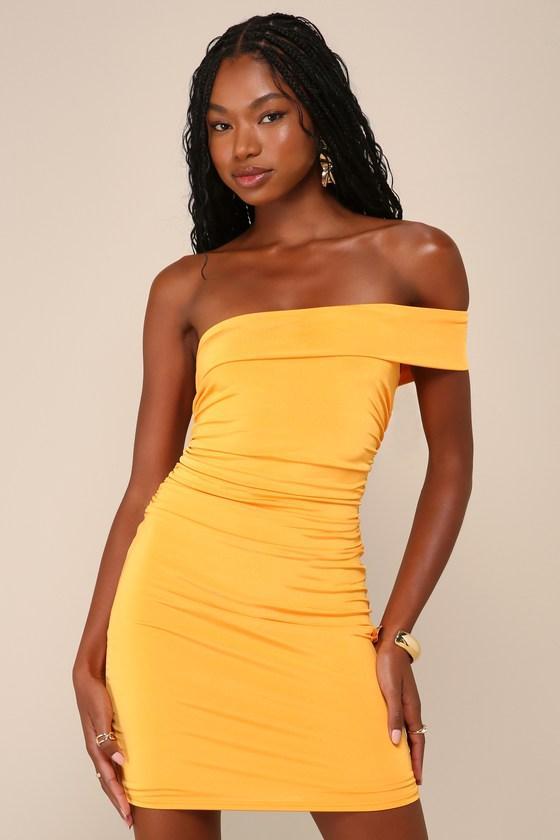 Optimal Cuteness Light Orange Off-the-Shoulder Mini Dress Product Image