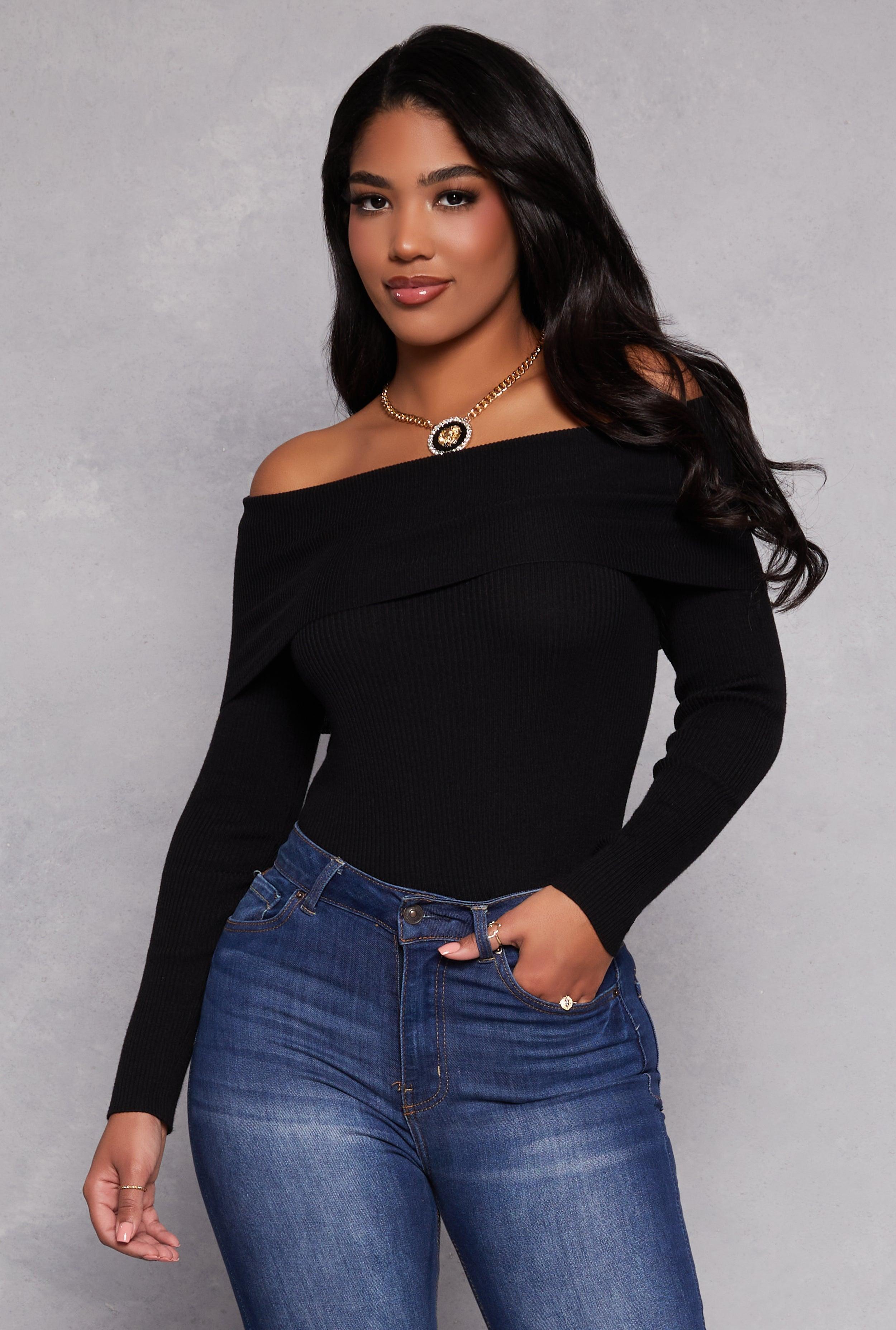 Womens Ribbed Off The Shoulder Long Sleeve Sweater Product Image