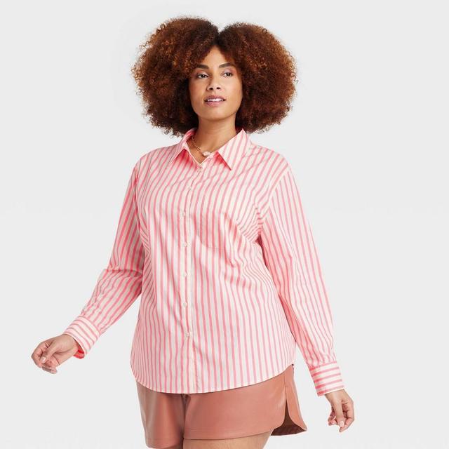 Women's Slim Fit Boyfriend Tailored Long Sleeve Button-Down Shirt - A New Day™ Pink/White Striped 2X Product Image