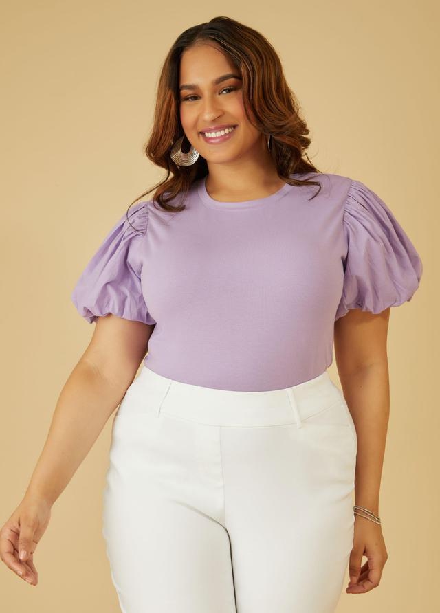 Plus Size Puff Sleeved Stretch Cotton Tee Ashley Stewart Product Image