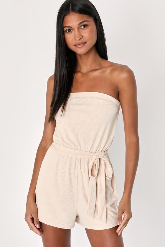 Leisurely Moments Beige Ribbed Knit Strapless Lounge Romper Product Image