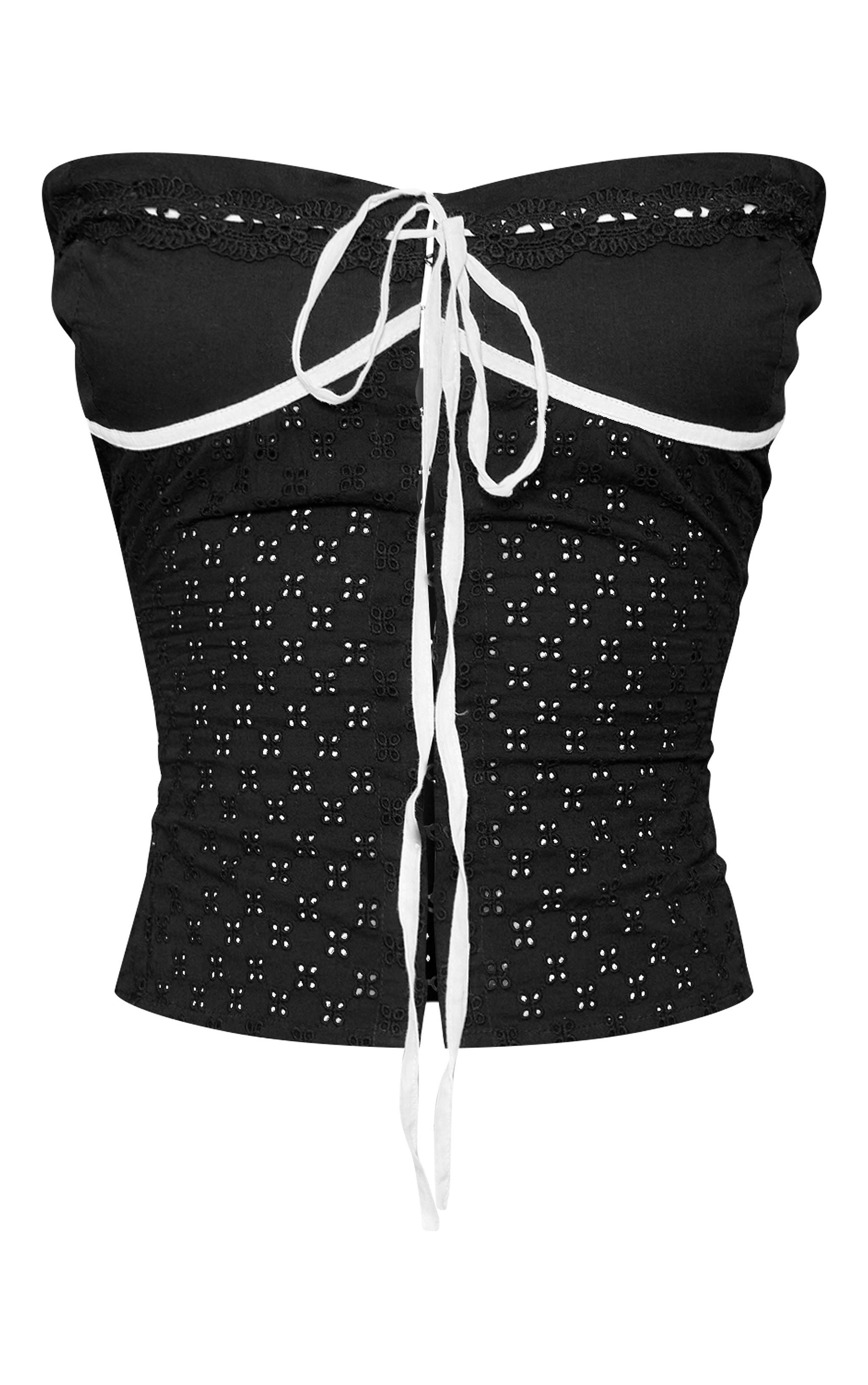 Black Ribbon Trim Broderie Bandeau Top Product Image