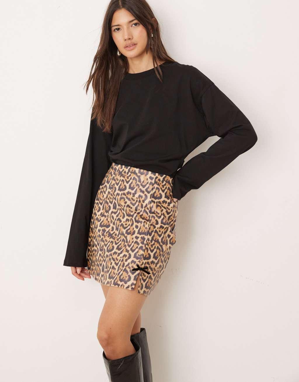 Miss Selfridge faux leather mini skirt with bow detail in leopard Product Image