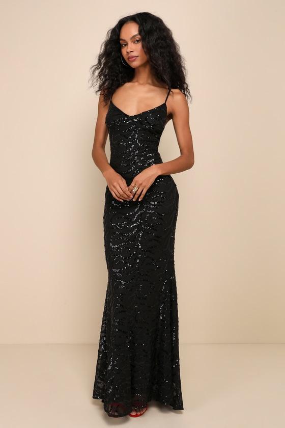 Mesmerizing Demeanor Black Sequin Backless Mermaid Maxi Dress Product Image