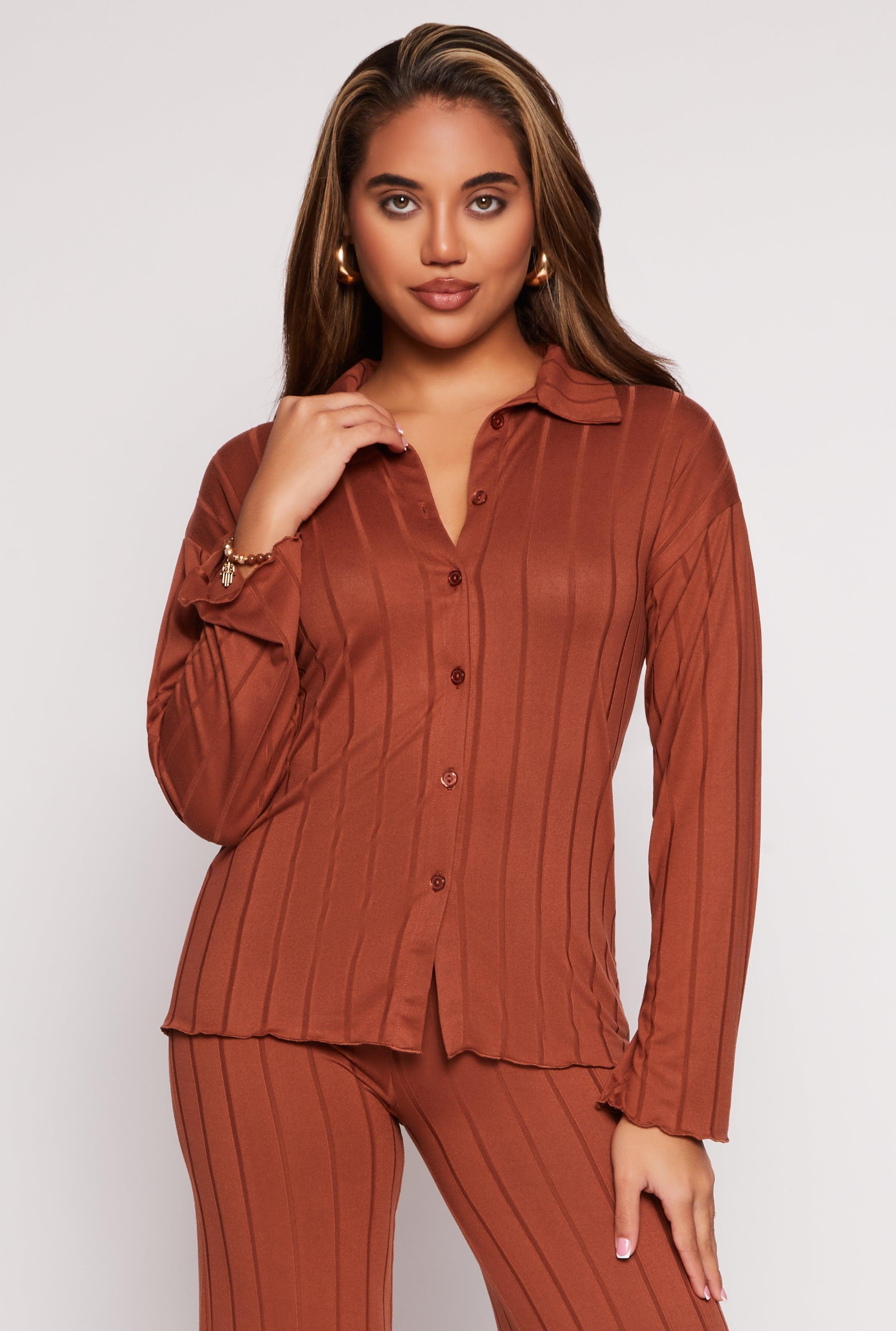 Womens Ribbed Button Front Long Sleeve Shirt Product Image