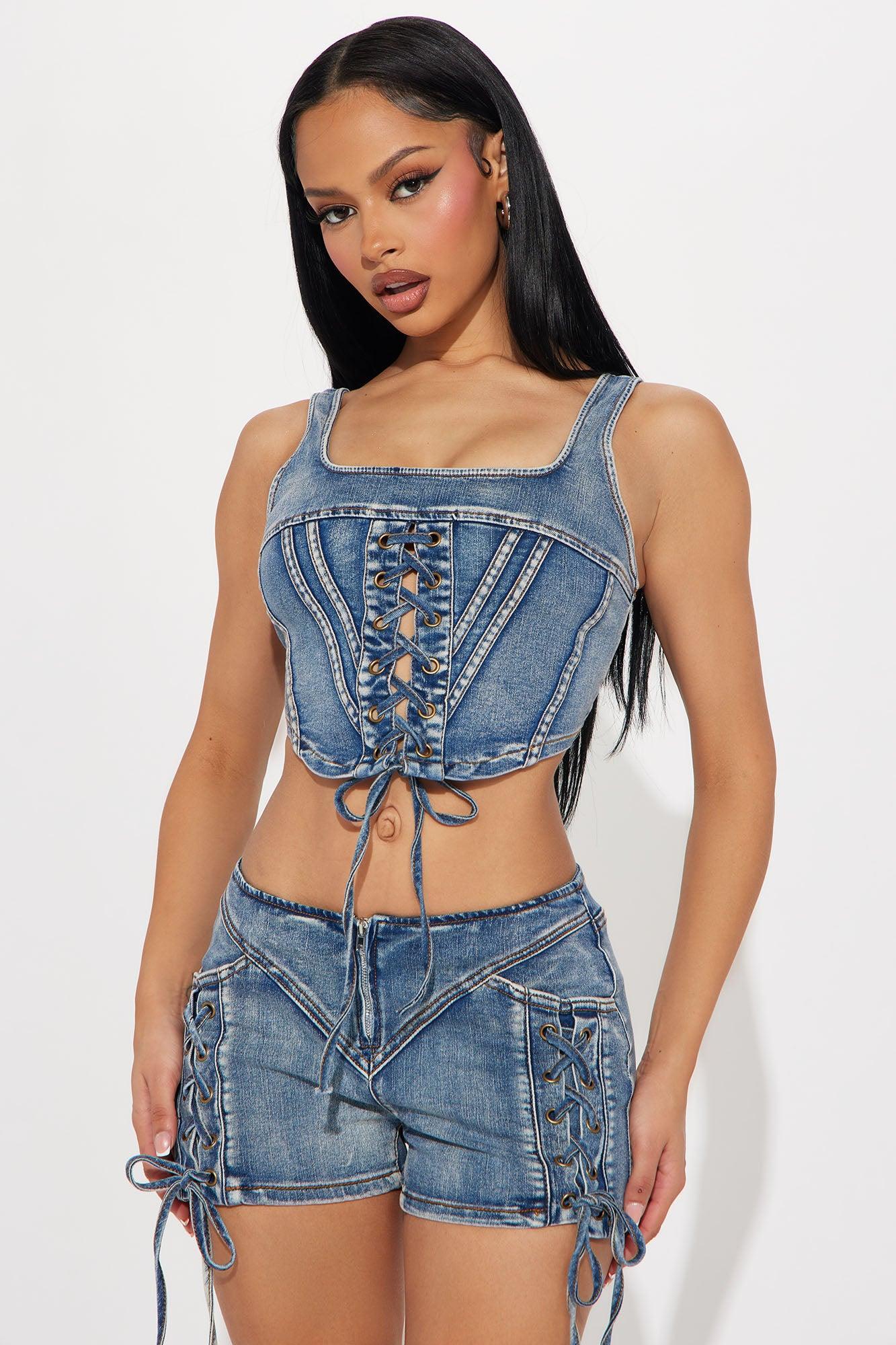 By The Way Cropped Corset Denim Top - Medium Wash product image