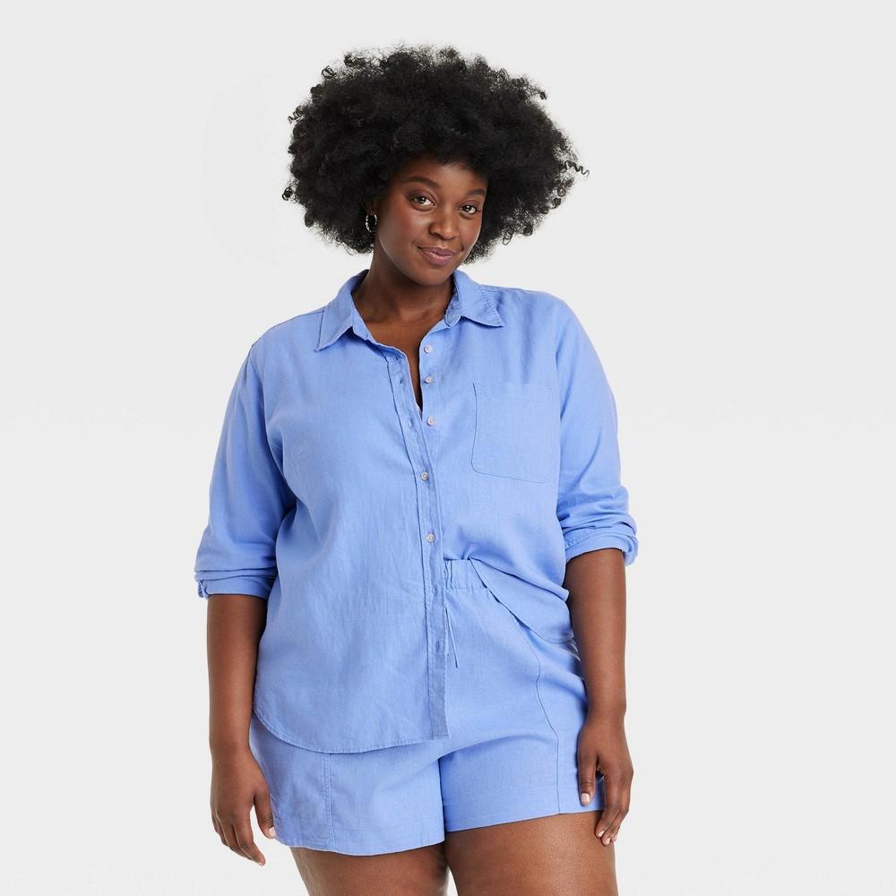 Womens Linen Long Sleeve Collared Button-Down Shirt - Universal Thread Blue 4X Product Image