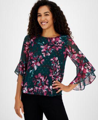 Petite Floral-Print Ruffled-Sleeve Blouse Product Image