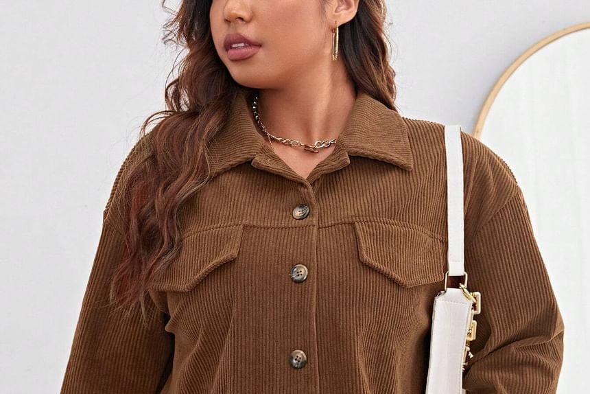 Plus Size Collared Corduroy Button-Up Crop Jacket Product Image