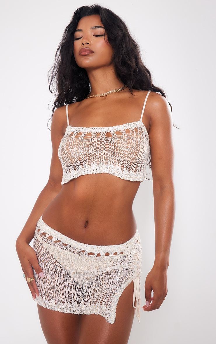 Stone Asymmetric Crochet Sequin Knit Crop Top Product Image