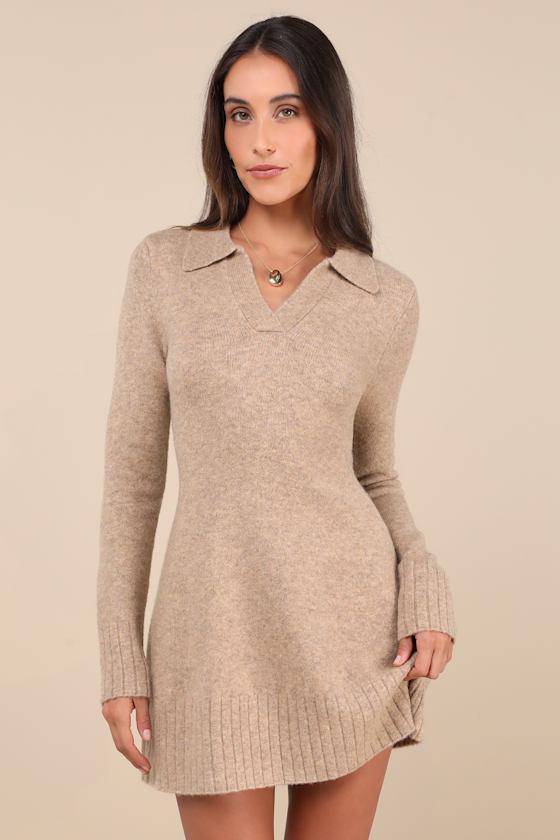 Soft Serenity Heather Taupe Collared Sweater Mini Dress Product Image