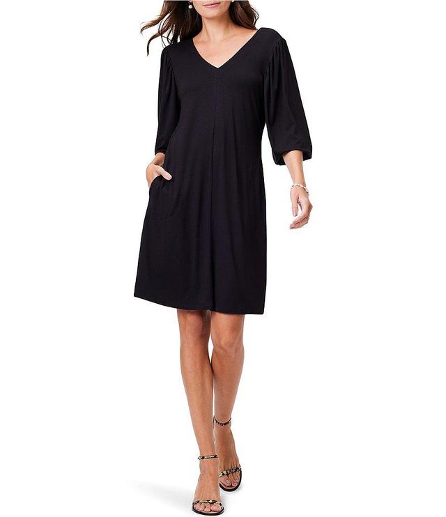 NIC + ZOE Knit Jersey V-Neck Femme Elbow Puff Sleeve A-Line Dress Product Image