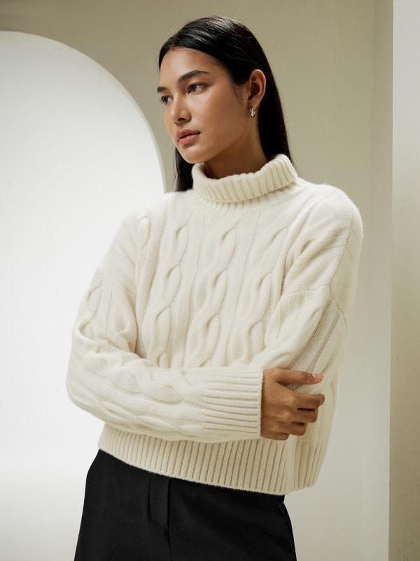 Cable Knit Cashmere Turtleneck Sweater Product Image