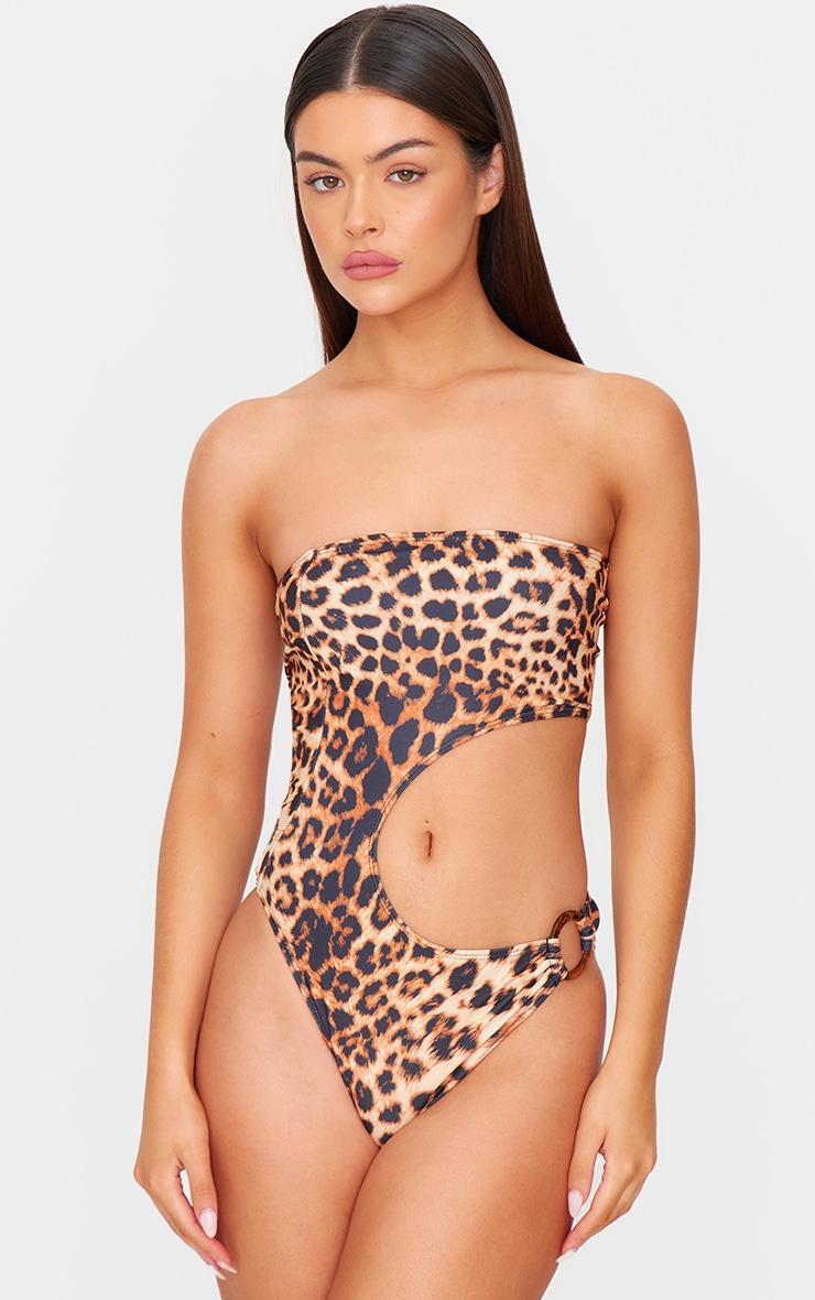 Brown Leopard Print Cut Out O Ring Trim Detail Swimsuit Product Image