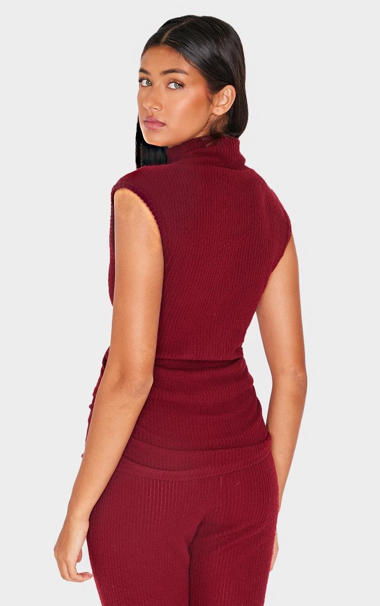 Burgundy Soft Rib Sleeveless Ruched High Neck Asymmetric Long Top Product Image