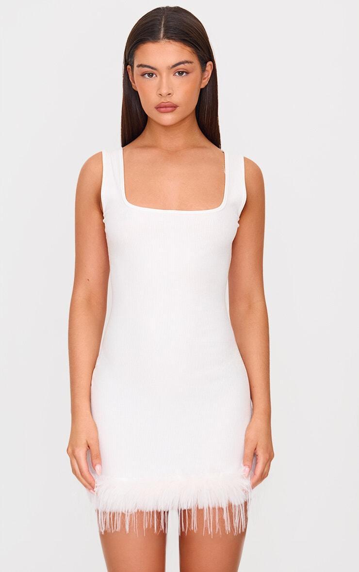 Cream Ribbed Feather Hem Bodycon Dress Product Image