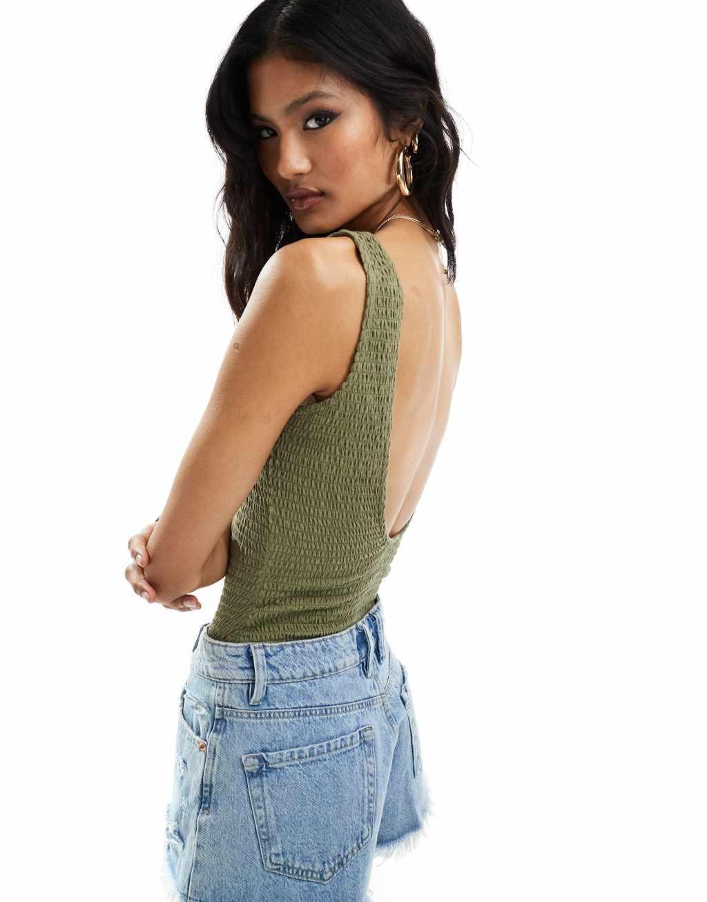 ASOS DESIGN shirred scoop back bodysuit in khaki Product Image