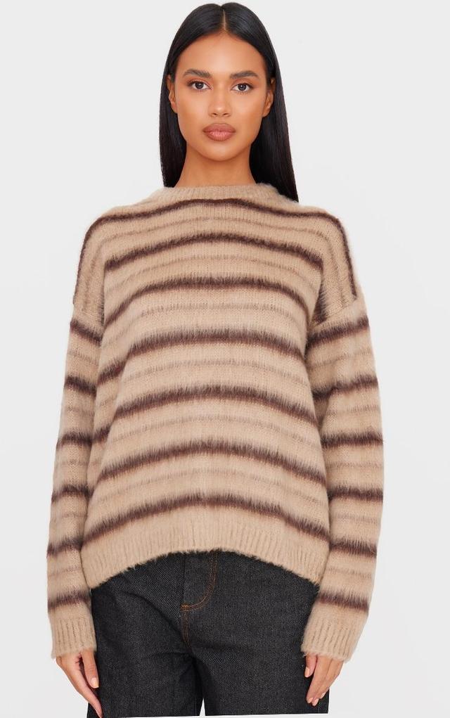 Brown Stripe Fluffy Knit Oversized Sweater Product Image