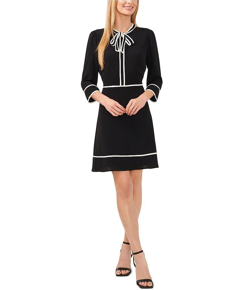 CeCe 3/4 Sleeve Bow Crew Neck Contrasting Piping Trim A-Line Dress Product Image