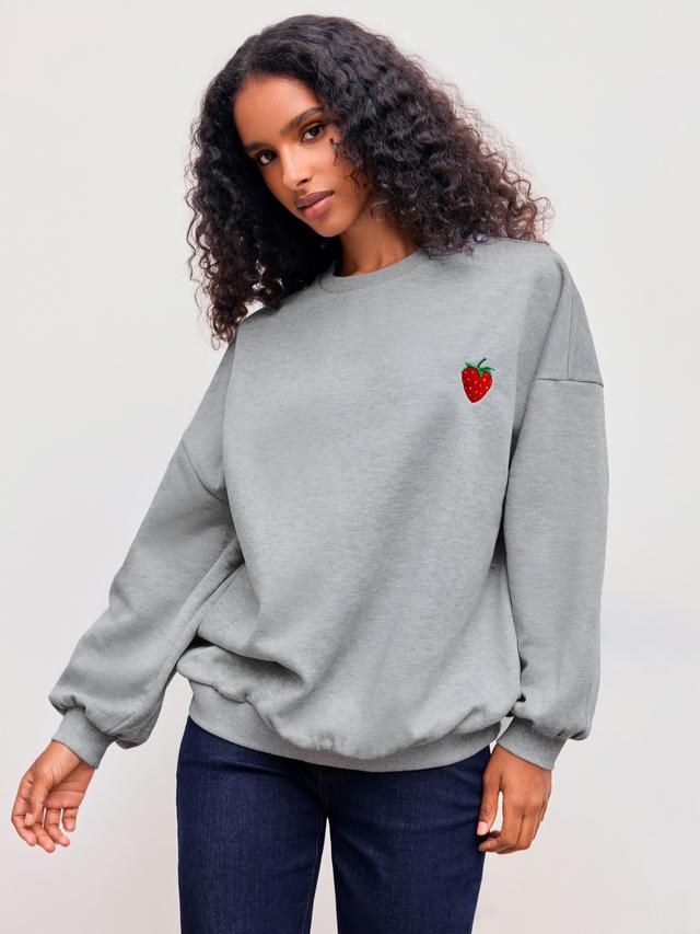 Round Neckline Strawberry Graphic Embroidery Oversized Sweatshirt Product Image