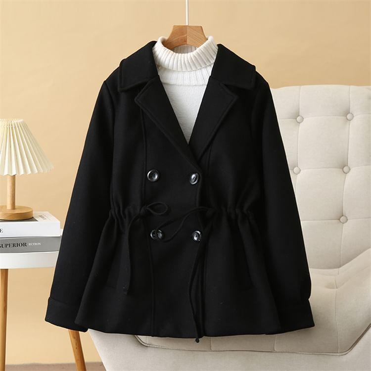 Plus Size Lapel Collar Plain Drawstring Waist Double-Breasted Coat Product Image