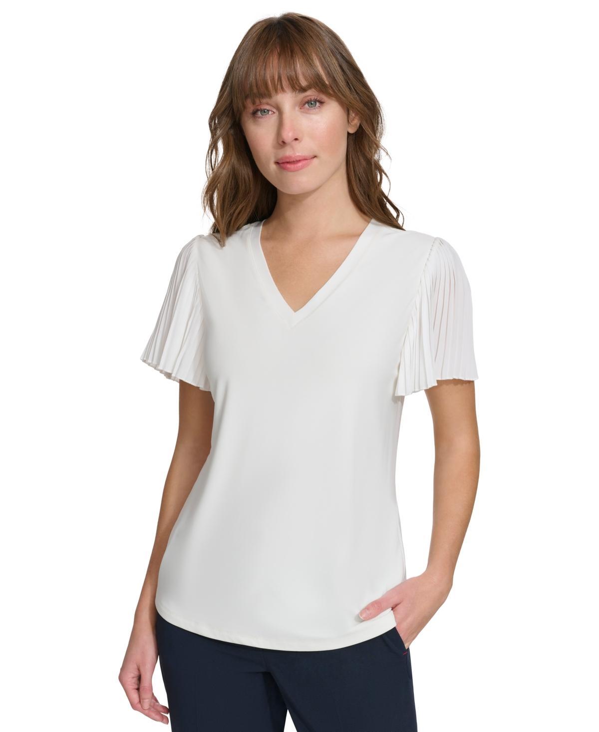 Tommy Hilfiger Womens V-Neck Pleated Flutter-Sleeve Top Product Image