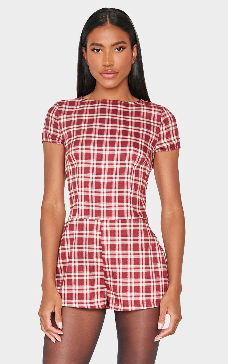 Burgundy Check Print Boat Neck Unitard Product Image