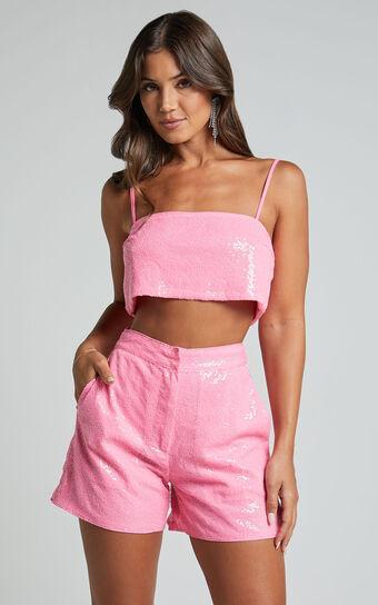 Rayden Shorts - High Waisted Sequin Shorts in Pink Product Image