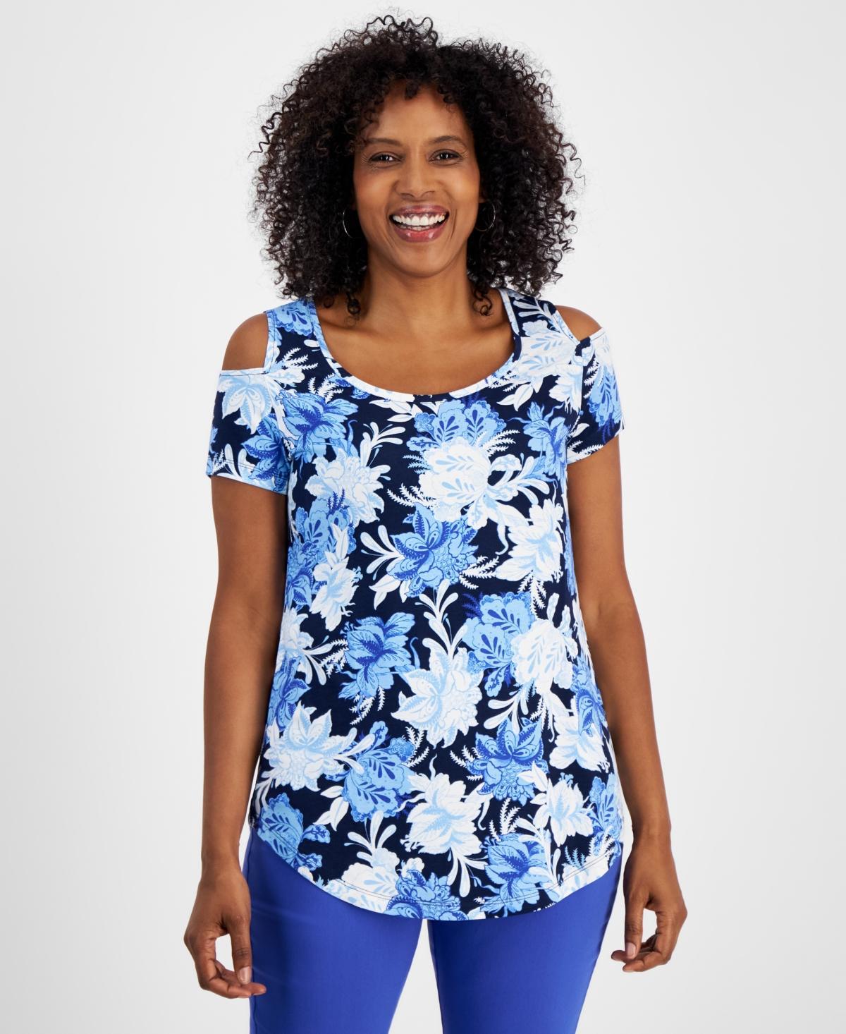 Jm Collection Womens Printed Short-Sleeve Cold-Shoulder Top, Created for Macys Product Image