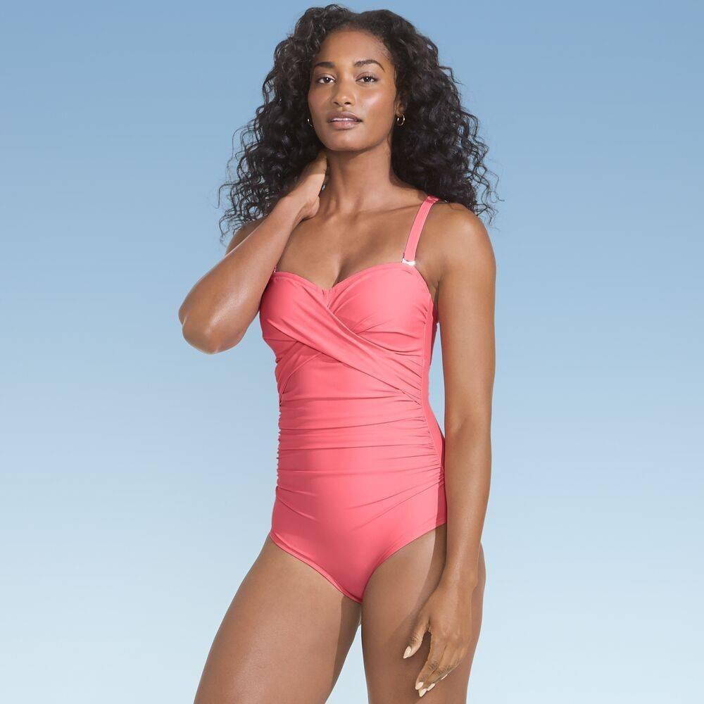 Lands End Womens Bandeau Front Wrap One Piece Swimsuit - Coral Product Image