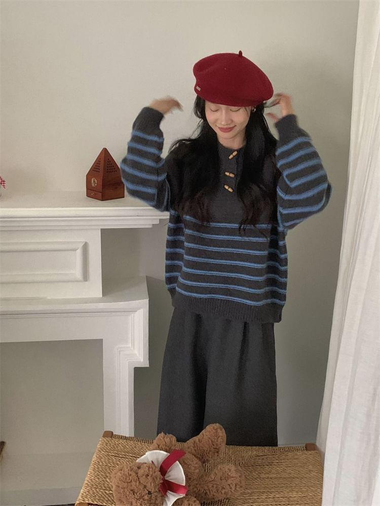 Crewneck Toggle Striped Sweater Product Image