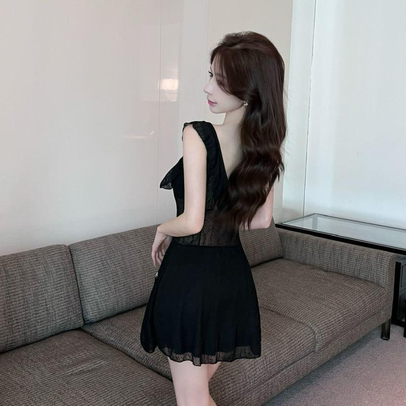 Sleeveless Scoop Neck Ruffle Trim Mesh Mini A-Line Dress Product Image