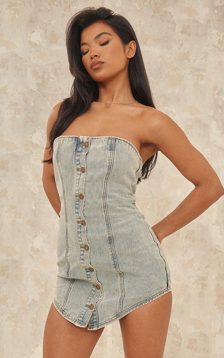 Vintage Wash Curved Hem Button Through Denim Mini Dress Product Image