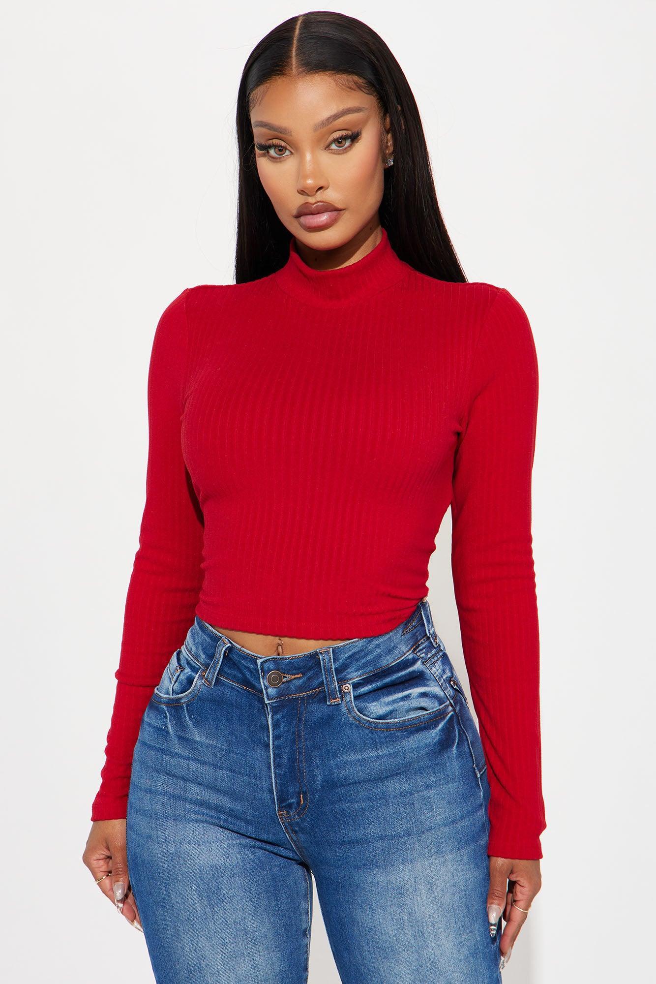 Daniella Mock Neck Long Sleeve Top - Red Product Image