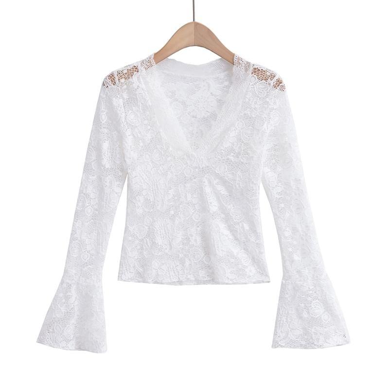 Long Sleeve V-Neck Floral Lace Crop Top Product Image