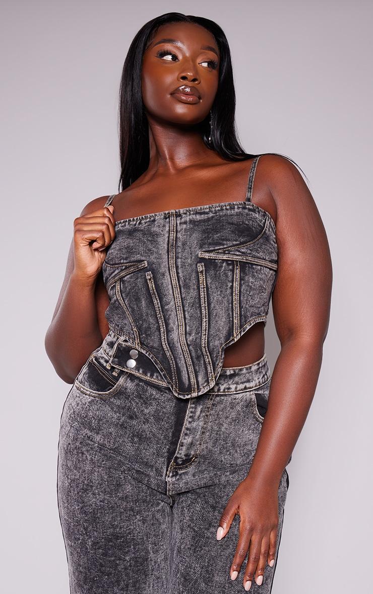 Plus Grey Acid Wash Seam Detail Denim Corset Product Image