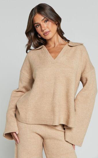 Livia Jumper - Knitted V Neck Collared Jumper in Beige Marl Product Image