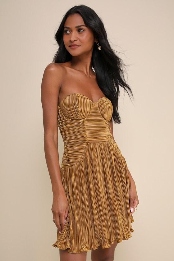 Deeply Glamorous Gold Plisse Strapless Drop Waist Mini Dress Product Image