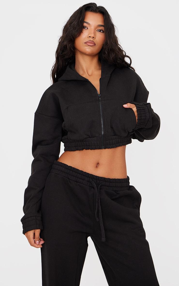 Black Premium Cropped Waistband Detail Hoodie Product Image