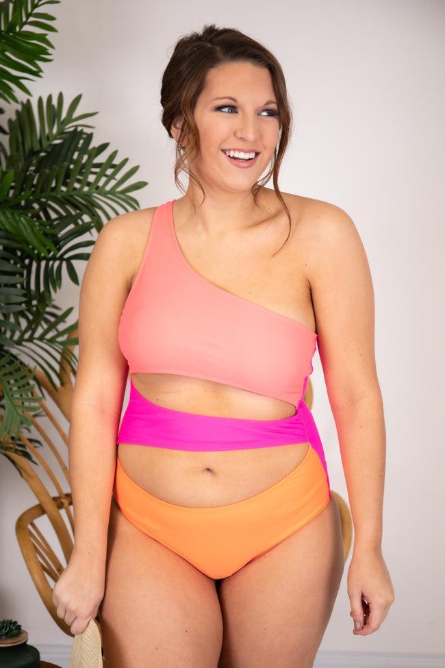 Radiant Sunburst Cutout One Shoulder Colorblock Pink Swimsuit FINAL SALE Product Image